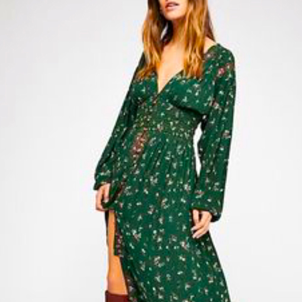 FREE PEOPLE BOHO DRESS GREEN FLORAL SMALL MAXI